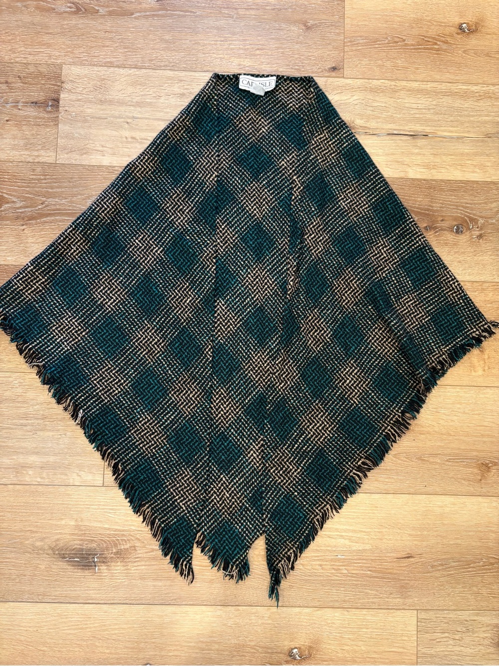 Vintage CARLISLE Green Plaid Fringe Shawl Poncho Wrap Wool Silk Blend OS